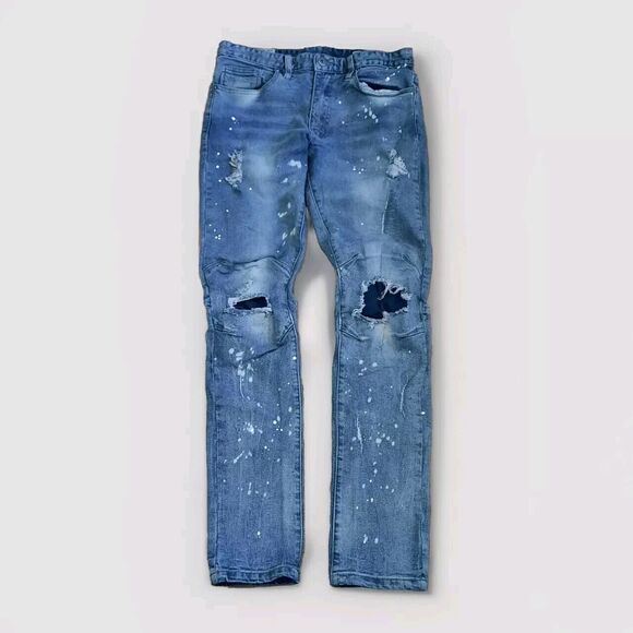 Smoke Rise Jeans Skinny Blue Denim Paint Splatter Distressed Destroyed Sz 32x32 - Picture 1 of 4